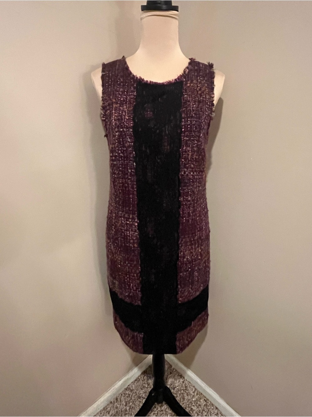 Etcetera Purple Tweed Shift Dress, Black Center Lace Panel, lined, size 6